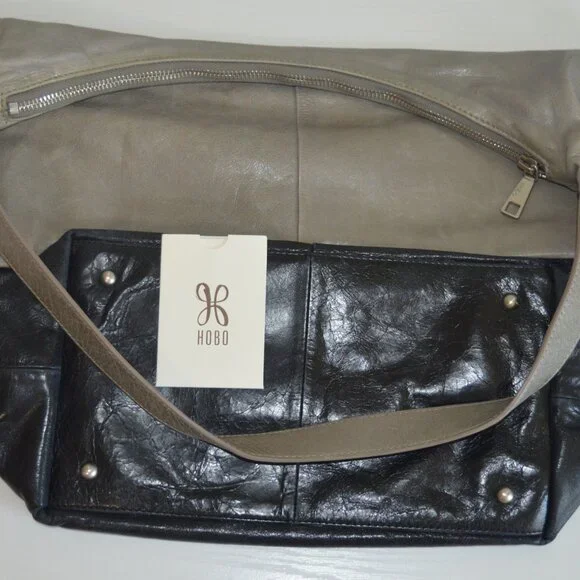 đź–¤ HOBO Joyce Style Shoulder Bag Two-Tone Leather Stone/Gray & Black - Picture 14 of 14